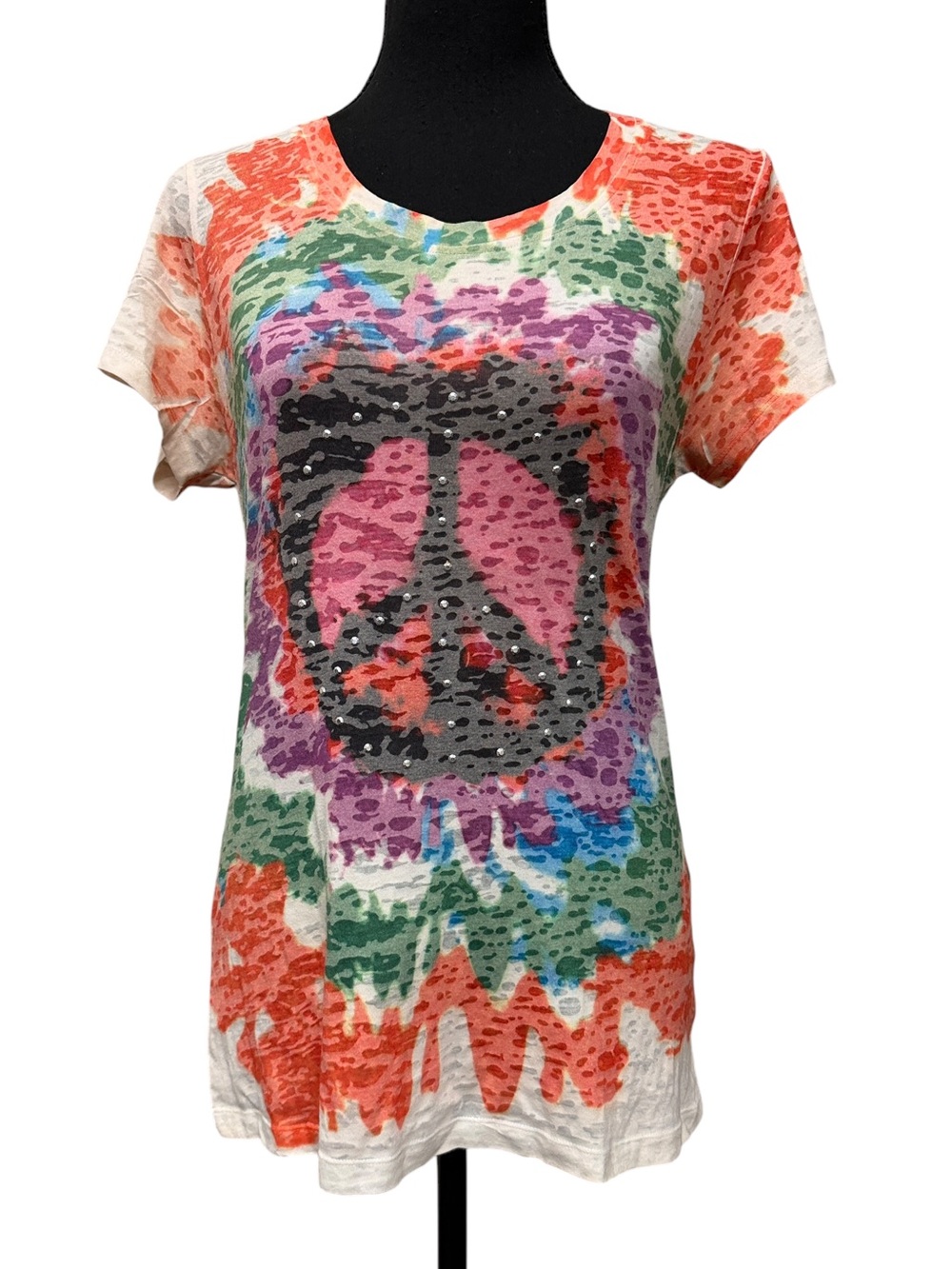 On Stage Peace Sign Graphic Top Large multicolor Tee Boho Festival Casual